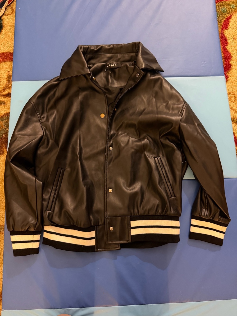 Caara Black Leather Bomber Jacket with white Stripe Ribbin